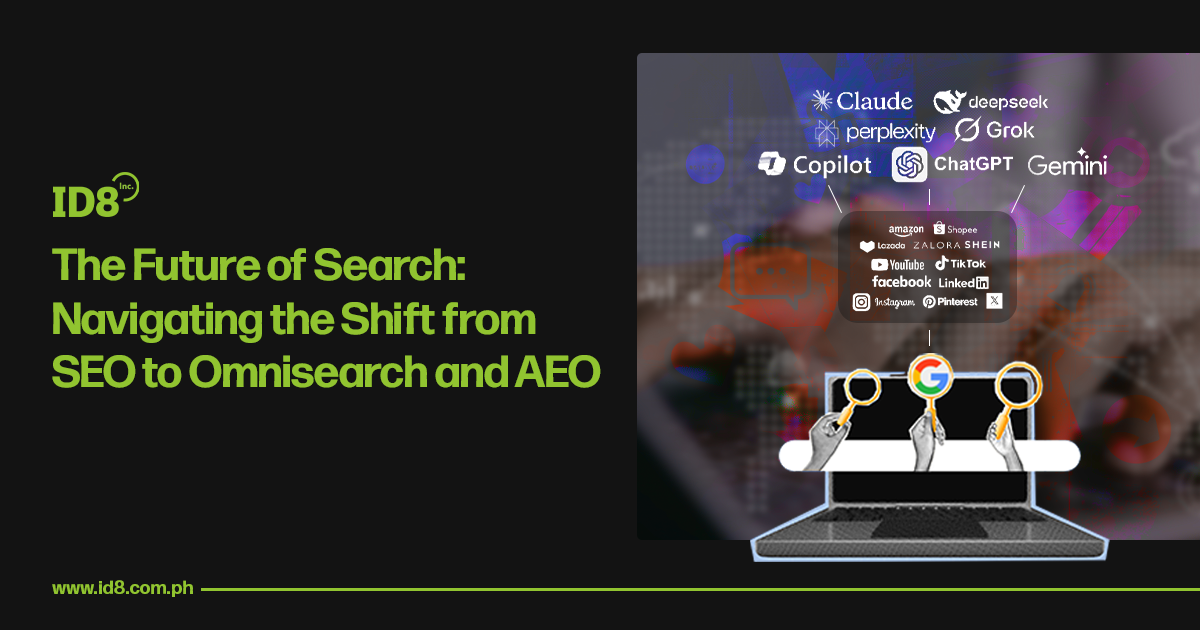 A futuristic digital infographic illustrating the shift from traditional SEO to Omnisearch and AEO, featuring AI neural networks, voice search icons, and various smart devices connected in a sleek, dark-themed tech landscape.