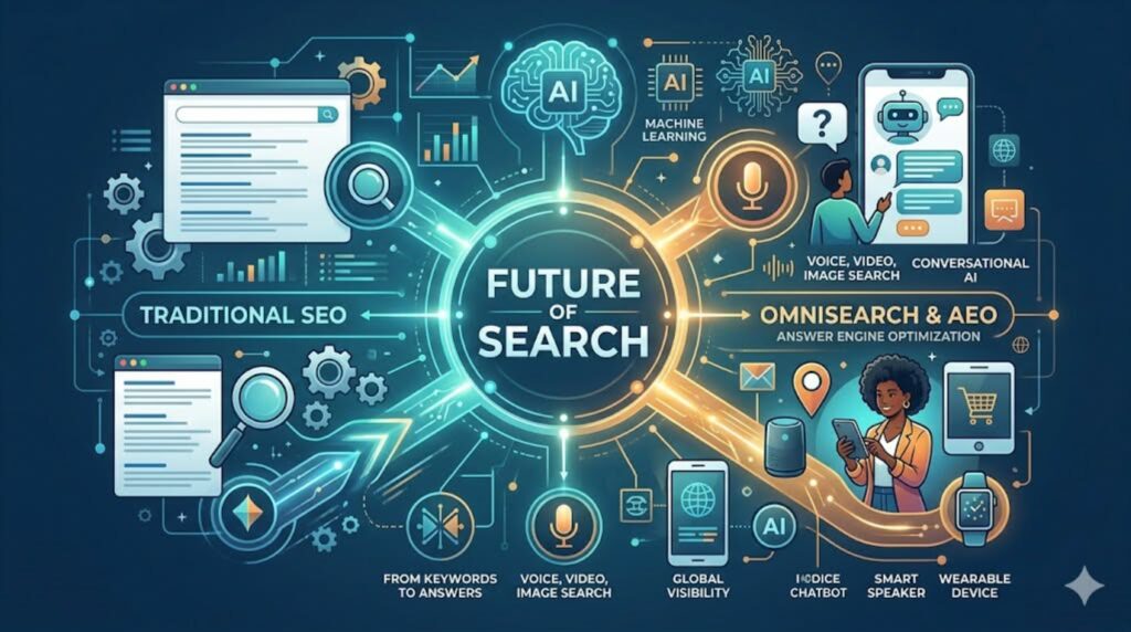 A futuristic digital infographic illustrating the shift from traditional SEO to Omnisearch and AEO, featuring AI neural networks, voice search icons, and various smart devices connected in a sleek, dark-themed tech landscape.